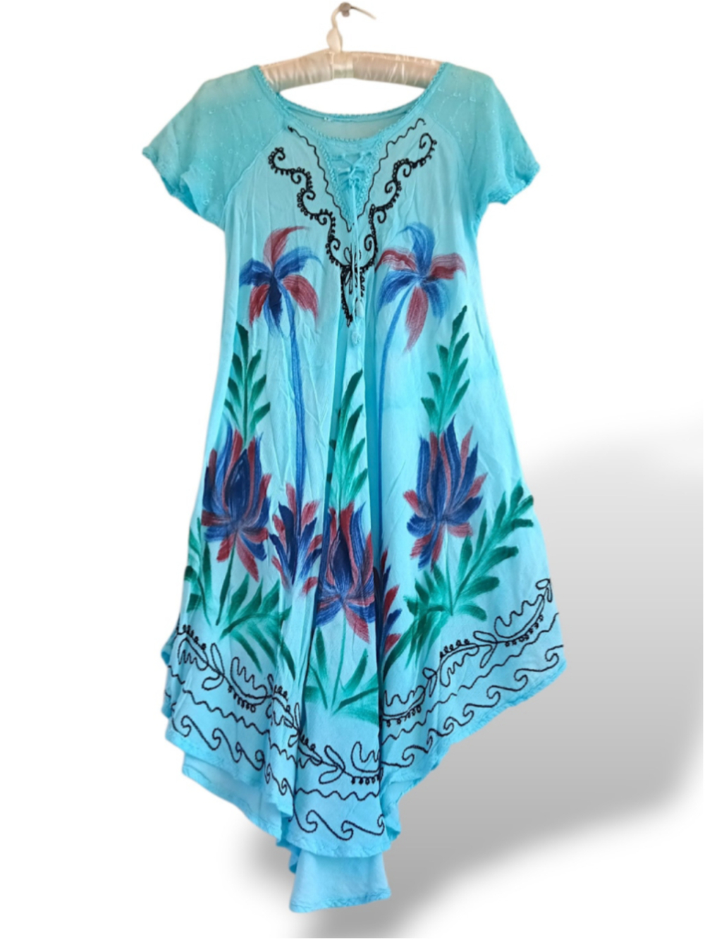 Sakkas Blue Black Floral Palm Print beach dress flowy embroidered tropical swim